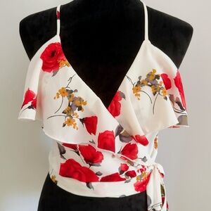 Fashion Nova- White Wrap Cropped Camisole Blouse with Red Floral Print (SzM)